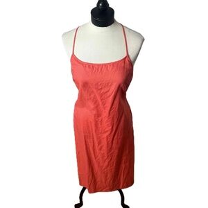 100% Linen Coral Halter Neck‎ Spaghetti Strap Cross Back Midi Dress 10